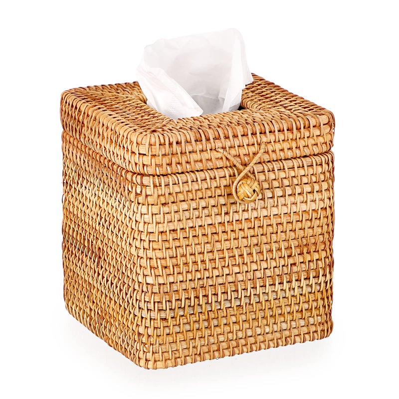 Sumnacon Tissue Box Cover Square Tissue Box Rattan Tissue Box Holder with Hinged Top Lid  Wicker Tissue Holder for Bathroom Toilet Living Room Kitchen Office Table Desk  Yellow - Image 1